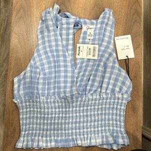 Japna, blue and white check halter style top.